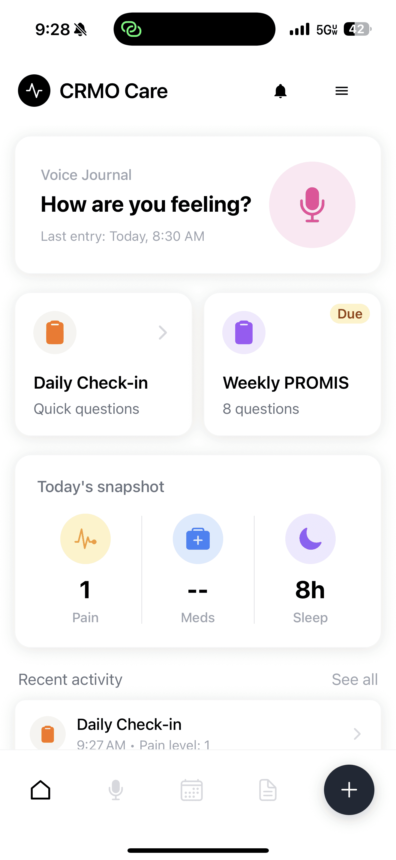 The FlarePath app home screen: a Voice Journal card asking how are you feeling, Daily Check-in and Weekly PROMIS tiles, and Today's snapshot showing pain, medication and sleep.